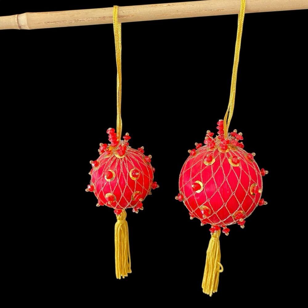 2 Push Pin Christmas Ornaments Vintage Satin Beads Sequins Handmade Red